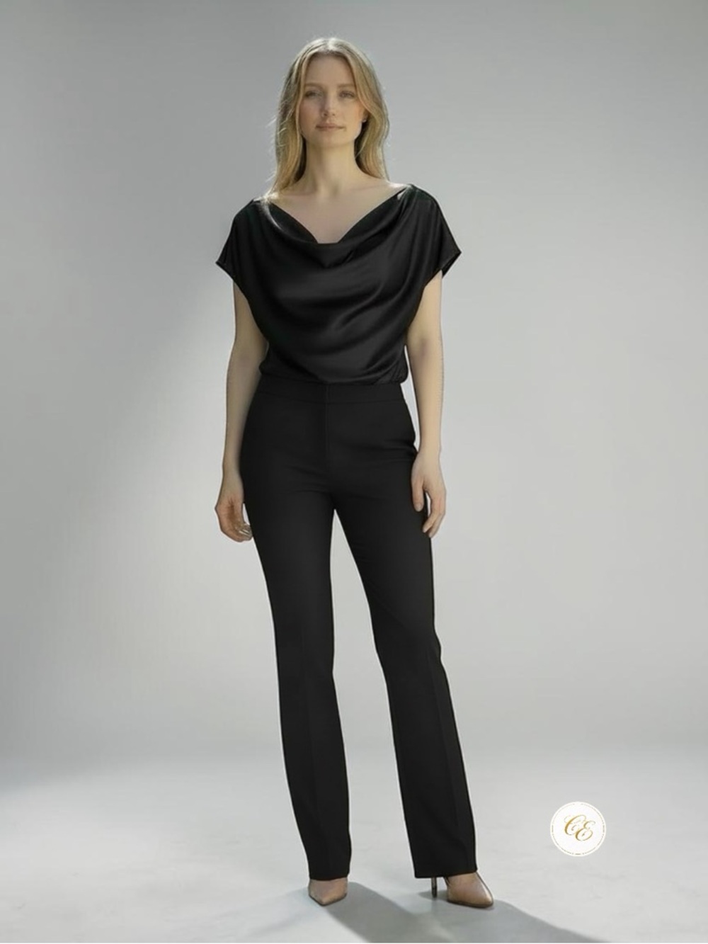 Michelle Mason Draped Cowl-Neck Black Blouse